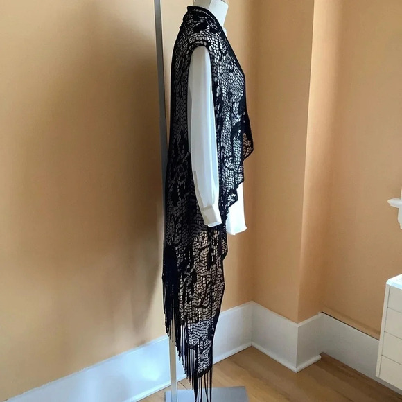 CREAM Black Mesh Fringed Lace Coverup OS - Picture 3 of 15